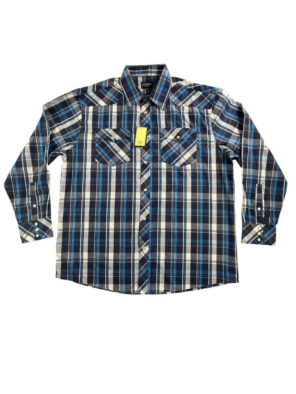 Gioberti Shirt Mens XL Blue Plaid Long Sleeve Western Pearl Snap Pockets New